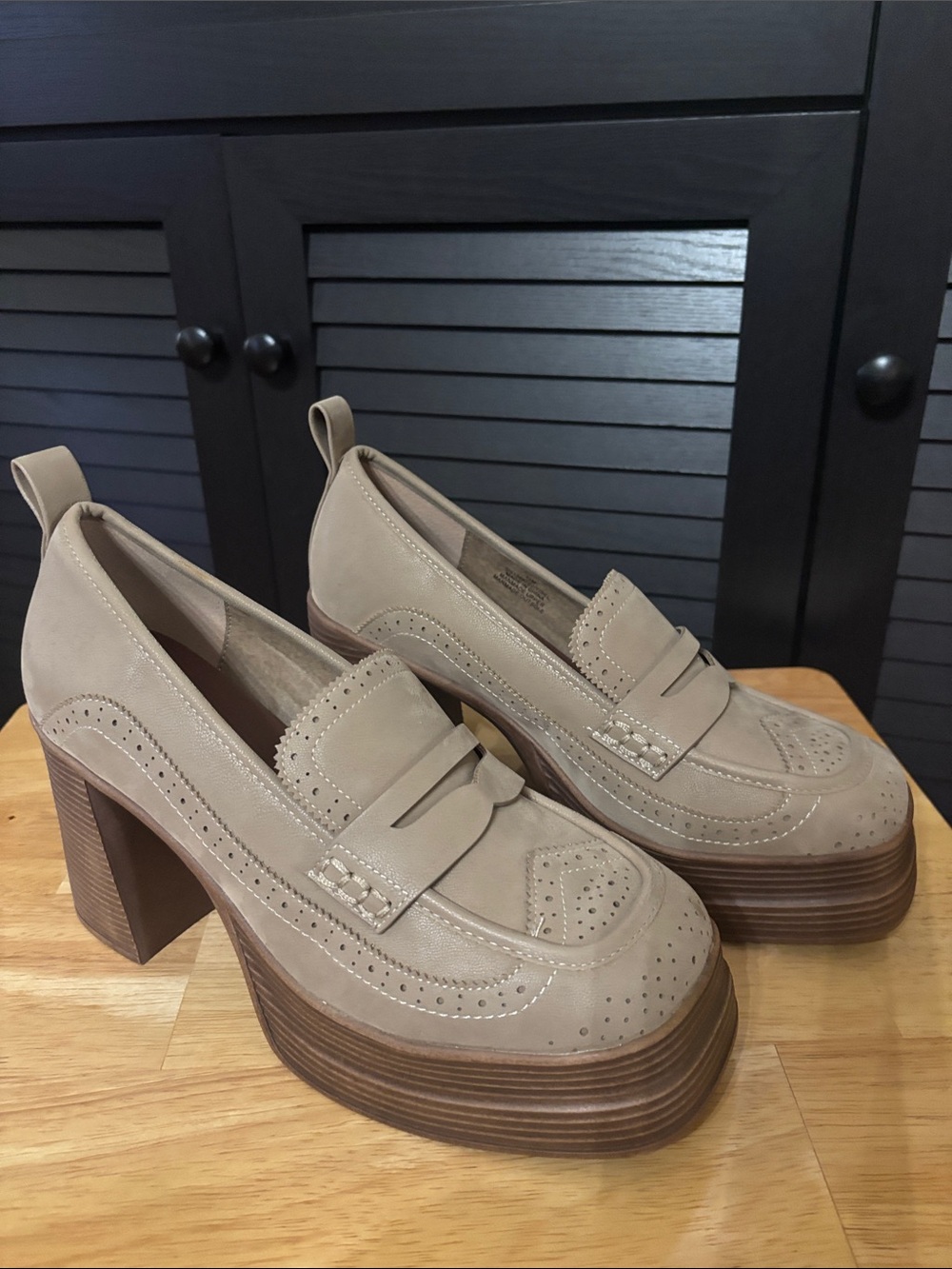 MIA: Taupe Platform Penny Loafer Platform Heels
